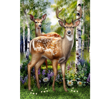 Deer in Forest Garden Flag with two deer and flowers in a forest setting scenery.
