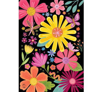 Vibrant floral garden flag with colorful flowers, butterflies, and a dragonfly on a black background.
