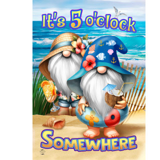 Two beach gnomes on a garden flag with beach theme and 5 O'clock text.