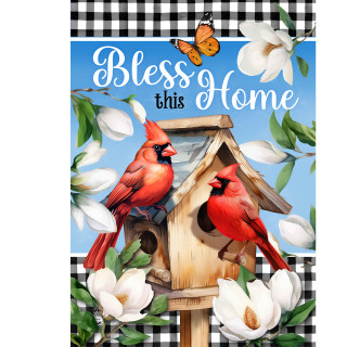 Bless This Home garden flag with red cardinals, birdhouse, flowers and butterfly design.