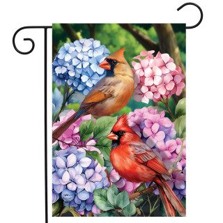 Perched Cardinals Garden Flag with vibrant cardinals and hydrangeas in shades of pink, purple, and blue.