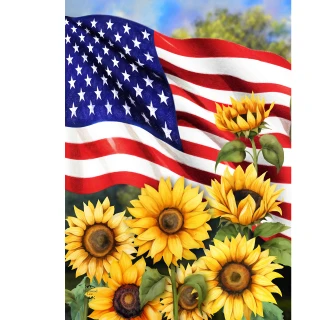 American Sunflowers Garden Flag with USA flag and vibrant yellow sunflowers on a sunny day.