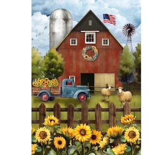 Sunflower Barn Garden Flag with vibrant sunflowers, red barn, blue truck, and sheep on a garden flag.