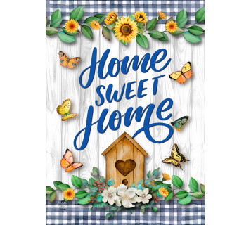 Country Home Sweet Home garden flag with blue text, butterflies, flowers, and a wooden birdhouse design.