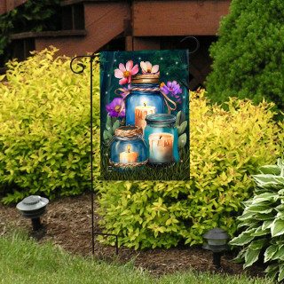 Be a Light Jars Garden Flag with floral design and candles on a garden stand outdoors.