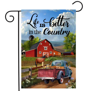 Life's Better in the Country garden flag with rural landscape, truck, barn, and horse design.