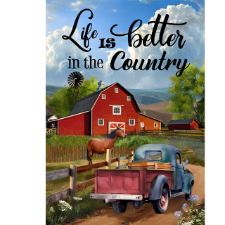 Life's Better in the Country garden flag with rural landscape and vintage truck illustration.