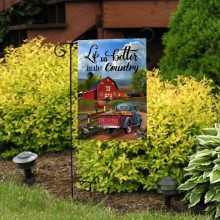 Life's Better in the Country garden flag with red barn, blue truck, and green garden surroundings.