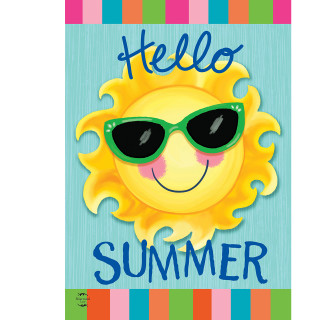 Hello Sun Summer Garden Flag with smiling sun wearing green sunglasses on blue background with stripes.
