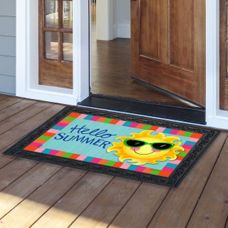 Hello Sun Summer Doormat with colorful sun design and black border on wooden porch floor.