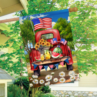 American Pickup Picnic House Flag with red truck, American flags, sunflowers, and summer fruits design.