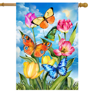 Sunshine Butterflies House Flag with colorful butterflies and tulips on blue cloudy sky background design.