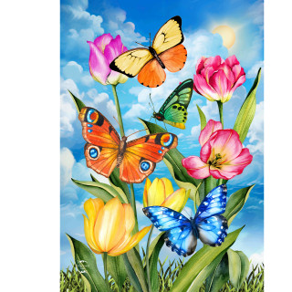 Sunshine Butterflies House Flag with colorful butterflies and tulips on a blue background with clouds.