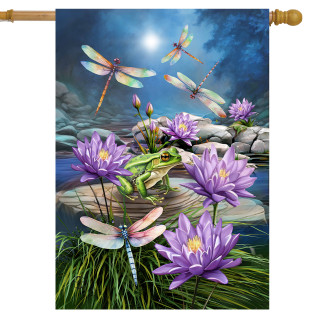 Dragonflies and frog house flag with purple flowers, lily pads, and dragonflies under a moonlit sky.