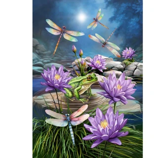 Dragonflies and frog on lily pads with purple flowers, moonlit night scene on house flag.