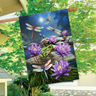 Dragonflies and frog house flag with purple flowers, dragonflies, and a frog on a garden pole.