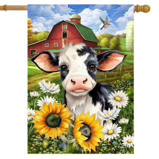 Cute cow house flag with black and white cow, sunflowers, and red barn in background.