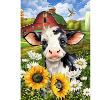 Cute black and white cow house flag with sunflowers, barn, and flowers on a green field.