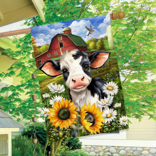 Cute Cow House Flag with colorful cow, barn, sunflowers, and daisies design outdoor garden decor.