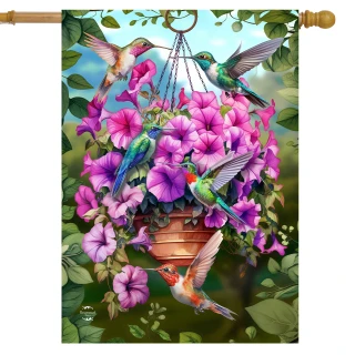 Hummingbirds and Petunias House Flag with colorful hummingbirds and pink flowers on a garden background design.