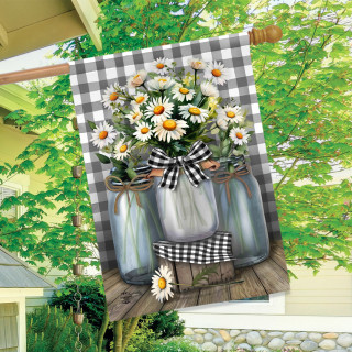 Farmhouse Jars House Flag with daisies on gray and white checkered background on a wooden pole.