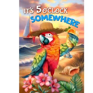 Vibrant parrot in straw hat holding cocktail on beach with hibiscus flowers and sailboat at sunset.