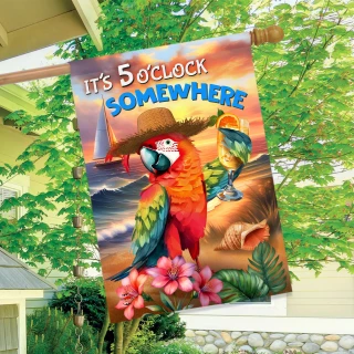 Vibrant Sunset Parrot House Flag with tropical design, colorful parrots, and floral accents on a beach background.