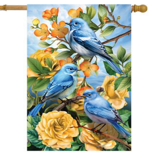 Bluebirds and Roses House Flag with three blue birds on yellow roses and orange flowers.