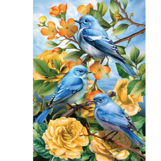 Bluebirds on a branch with yellow roses and orange flowers on Bluebirds and Roses House Flag.