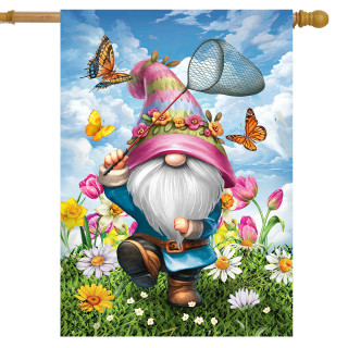 Springtime Gnome House Flag with colorful gnome, butterflies, and flowers on a blue background.
