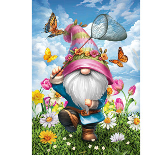 Springtime gnome house flag with colorful garden scene and butterflies, pink hat, blue coat, white beard.
