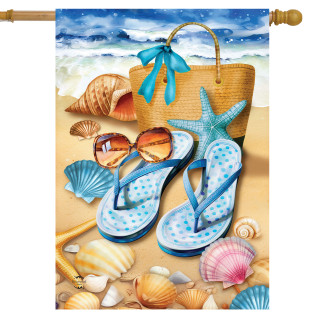 Welcome To the Beach House Flag with seashells, sunglasses, starfish, and blue polka dot flip flops.