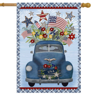 Blue pickup truck with floral and American flag design on Celebrate America House Flag.