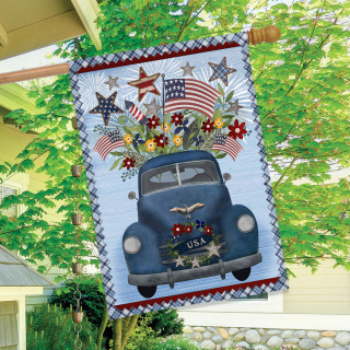 Celebrate America Pickup House Flag with blue truck, stars, flowers, and American flags design.