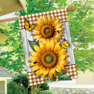 Sunflower Duo House Flag with yellow flowers, butterflies, and brown gingham accents on a wooden pole.