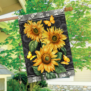 Elegant Sunflowers House Flag with yellow flowers and butterflies on a black background with grey border.