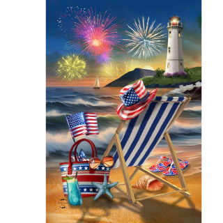 Oceanside Fireworks House Flag, patriotic beach scene with lighthouse, fireworks, and American themed accessories.