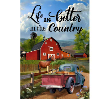 Life in the Country house flag with rustic truck, horse, and red barn design outdoors.