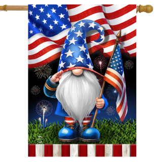 Saluting Gnome House Flag with American stars and stripes, blue hat, white beard, and blue shoes.