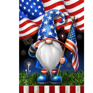 Saluting Gnome House Flag with American theme, white beard, blue hat with stars, holding flag.