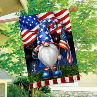 Saluting Gnome House Flag with American flag design and patriotic colors on a garden flag.
