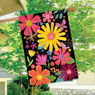 Spring Fling House Flag with colorful floral design on black background, pink, yellow, orange flowers.