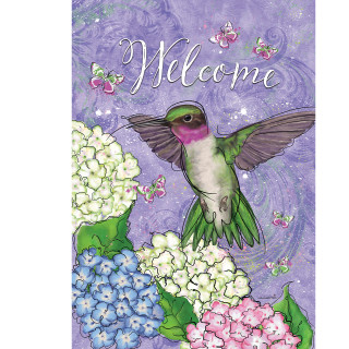 Hummingbird and Hydrangea house flag with green hummingbird, purple throat, and colorful hydrangeas on purple background.