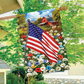 American Flower Field House Flag with floral design, American flag, and red barn scene.