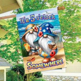 5 O'clock Beach Gnomes House Flag with colorful gnomes and beach theme design and text.