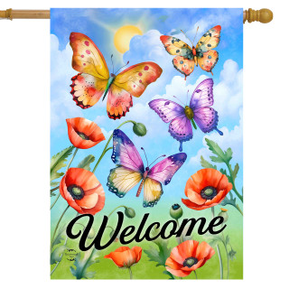 Butterflies and Poppies colorful welcome house flag with butterflies, flowers, and "Welcome" text on banner.