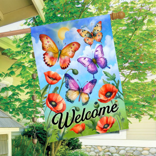 Butterflies and Poppies colorful welcome house flag with butterflies and flowers on a blue background.
