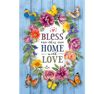 Bless This Home With Love house flag with colorful flowers and butterflies on a blue background.