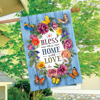 Bless This Home With Love House Flag with floral design and butterflies on blue wooden background.