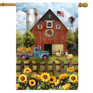Sunflower Barn House Flag with red barn, blue truck, sunflowers, sheep, and American flag design.